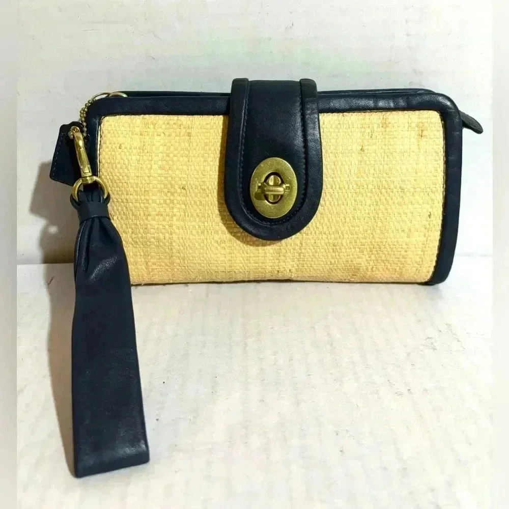Coach beige straw & navy blue leather clutch wristlet